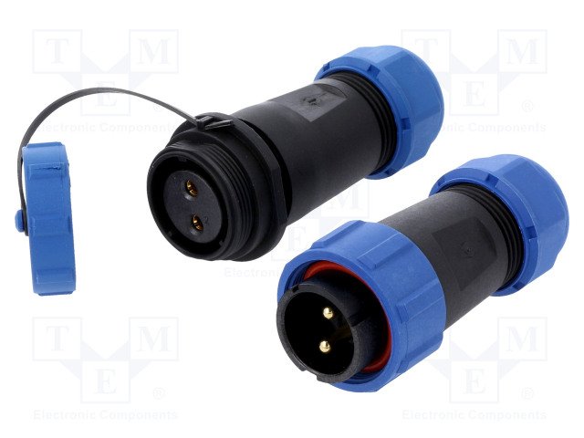 2Pin rūpņiecības savienotājs "papa spraudis + mama ligzda ar vaciņu", 5A/500V, IP67, lodešanai