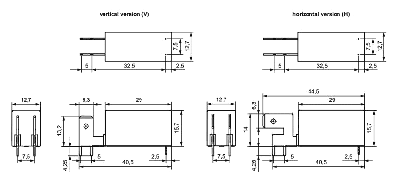Relejs DC12V, SPST-NO, 20A/250VAC, 20A/24VDC, 580R(20.6mA), viens kontakts(6.3mm) uz saslēgšanu, 29x12.7x15.7mm, RELPOL
