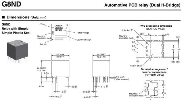 Relejs ar 2 tinumiem, 12VDC, SPDTx2, 30A/14VDC, 130R(92mA), H-Bridge, divi kontakti parallelu uz pārslēgšanu (Super low operating voltage), OMRON