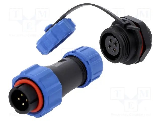 4Pin rūpņiecības savienotājs "papa spraudis + mama sasijai ligzda ar vaciņu", 5A/500V, IP67, lodešanai