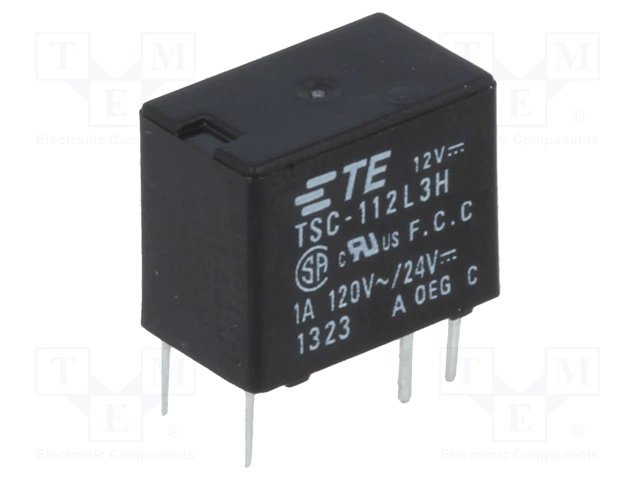 Relejs DC12V, SPDT, 1A/120VAC, 1A/24VDC, 960R(12.5mA), viens kontakts uz pārslēgšanu, 7.4x12.3x9.9mm, TE Connectivity