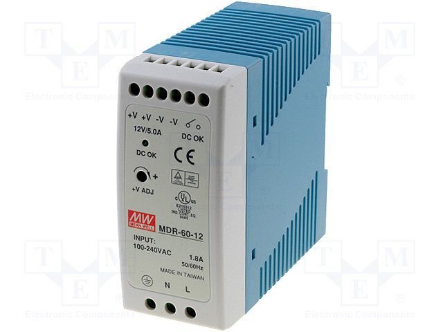 Barošanas avots, 12V, 5A, 60W, 85÷264VAC, DIN sliedei, Mean Well
