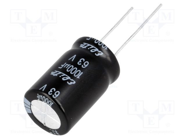 1000/63V, 105C, Ø16x25mm, ±20%, Kondensators elektrolītisks, 2000h, Elite, ar lokaniem izvadiem