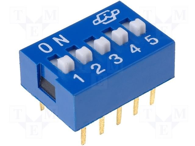 Pārslēdzējs slīdbīdņu DIP-5*2.54, ON-OFF, 0.05A/12VDC, horizontala veida