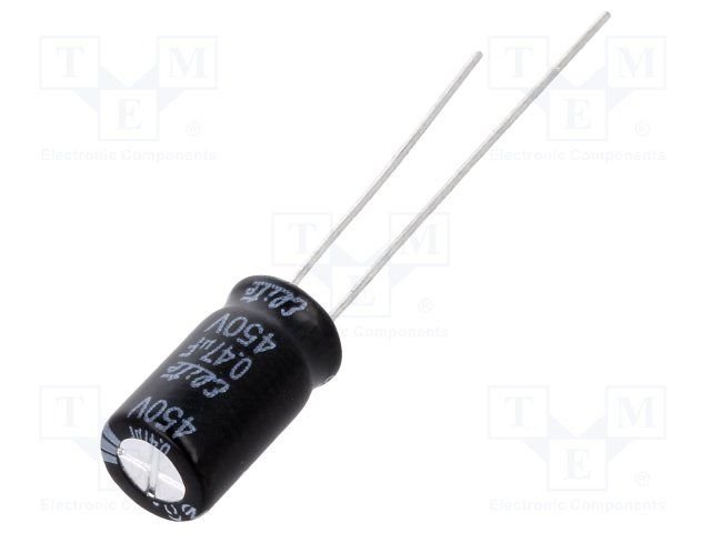0.47/450V 105C, Ø6.3x11mm, ±20%, Kondensators elektrolītisks, 2000h, ELITE, ar lokaniem izvadiem