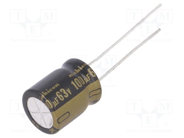 100/63V, 105C, Ø10x12.5mm, ±20%, kondensators elektrolitiskais, Serija UKW, AUDIO, 2000h, NICHICON