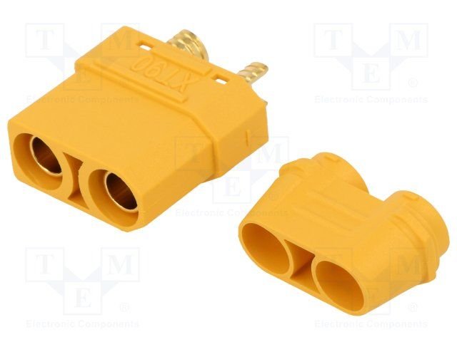 2Pin, XT90, "mama", 500V, 40A, 10AWG, lodejama vadam, dzeltens korpuss