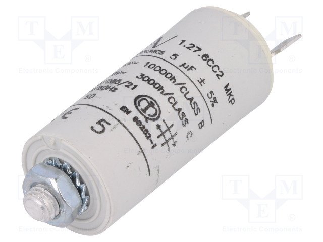 5.0/420VAC, ±5%, elektromotoru kondensators, klemes 6.3mm, 10000h, M8, Ø25x56.5mm, KEMET