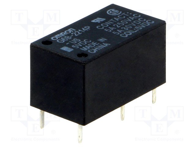 Relejs DC5V, DPST-NO, 2x5A/250VAC, 2x5A/30VDC, 83.3R(60mA), divi kontakti uz saslēgšanu, 20x10x10mm, OMRON