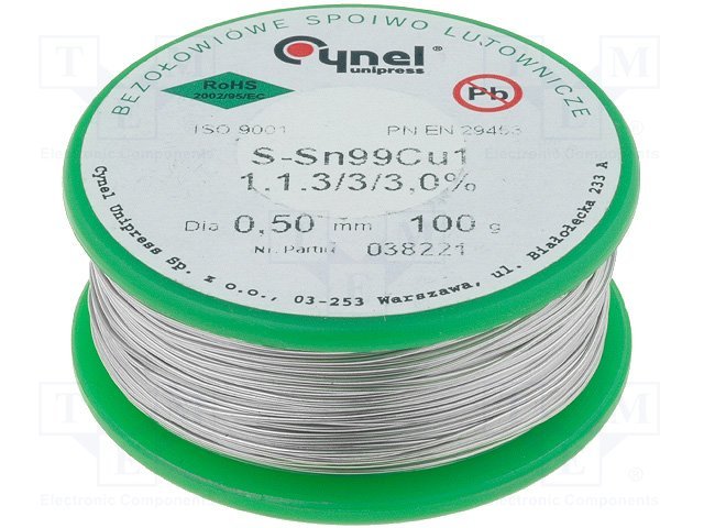 0.5mm, Sn99.3/Cu0.7, 100g, Lodalva bez svinsa satura, Flux: No Clean, F-SW32, 3%, 227°C