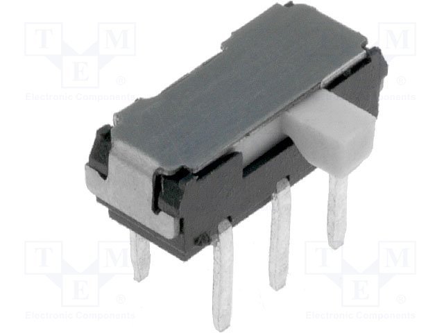 Pārslēdzējs slīdbīdņu DPDT, 0.3A/6VDC, ON-ON, 9x3.5x3.5mm, L=2mm, leņķisks, divi kontakti uz divam stāvoklim