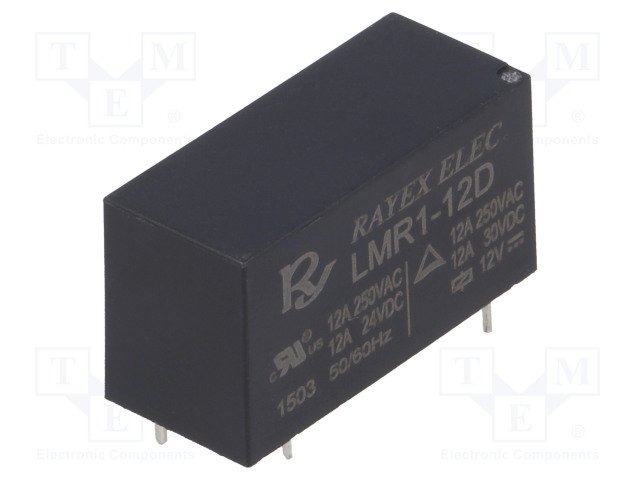 Relejs DC12V, SPDT, 12A/250VAC, 12A/30VDC, 270R(44.4mA), viens kontakts uz pārslēgšanu, 29x12.5x15.5mm, RAYEX ELECTRONICS