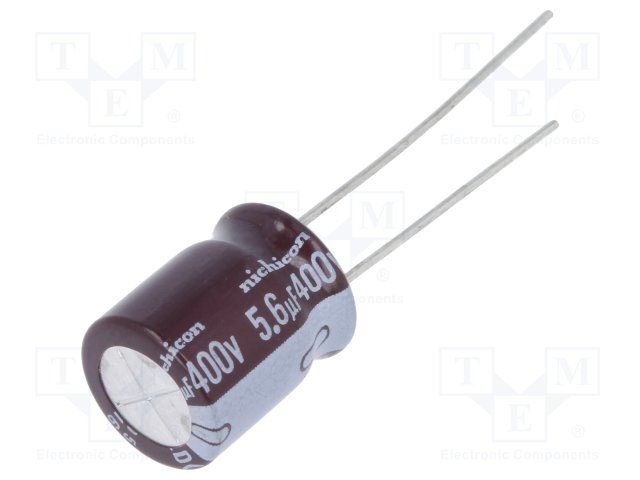5.6/250V, 105°C, Ø8x11.5mm, ±20%, Kondensators elektrolītisks, 15000h, NICHICON, ar lokanien izvadiem