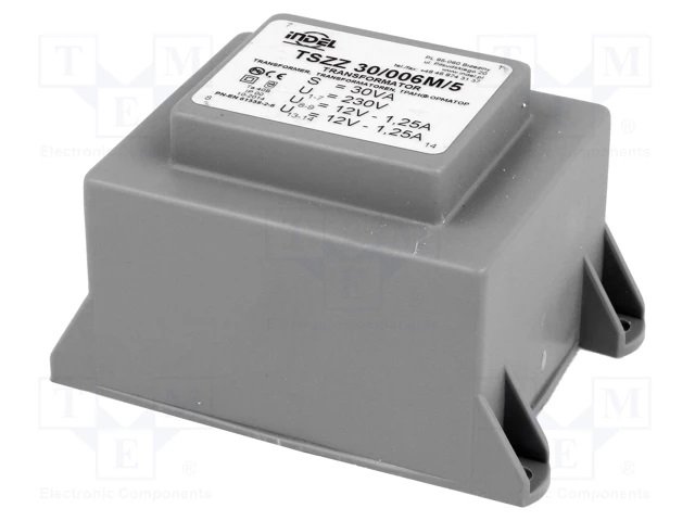 Transformators 220V=>2x12V, 2x1250mA, 30VA, 81.5x54.8x54.2mm