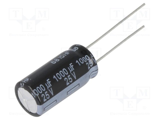 1000/25V, 105C, Ø10x20mm, ±20%, Kondensatori zemas induktivitātes, 10000h, PANASONIC, ar lokaniem izvadiem