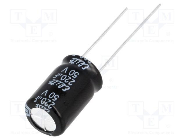 220/50V, 105C, Ø10x12.5mm, ±20%, Kondensators elektrolītisks, 2000h, Elite, ar lokaniem izvadiem