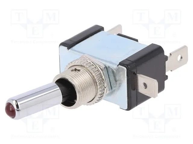 Tumblers, SPST, OFF-ON, 20A/12VDC, LED12VDC, sarkans, 6.3x0.8mm, M12, 28.6x16x19.9mm, poliamids, CSI, ar fiksaciju