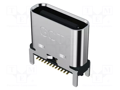 USB-C (type C), 3.2, ligzda uz šasija, SMT, vertikāls, 4 piestiprinājuma punkti, 24pin