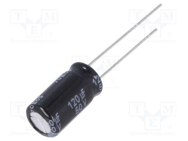 120/50V, 105C, Ø8x16mm, ±20%, Kondensatori zemas induktivitātes, 8000h, PANASONIC, ar lokaniem izvadiem