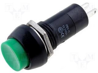 Poga SPST-NO, OFF-ON, 1A/250VAC, Ø12mm, Ø17.2x35.2mm, zaļā krasa, ar fiksaciju