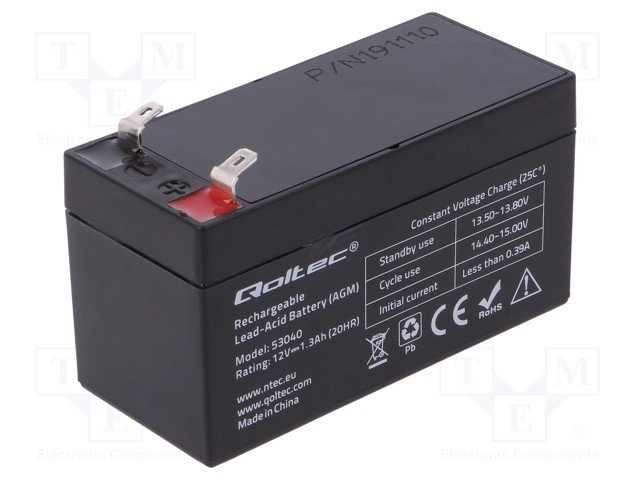 Rūpņiecības svina-skabes akumulators 12V, 1.3Ah, 97x43x52mm, QOLTEC, 0.640kg