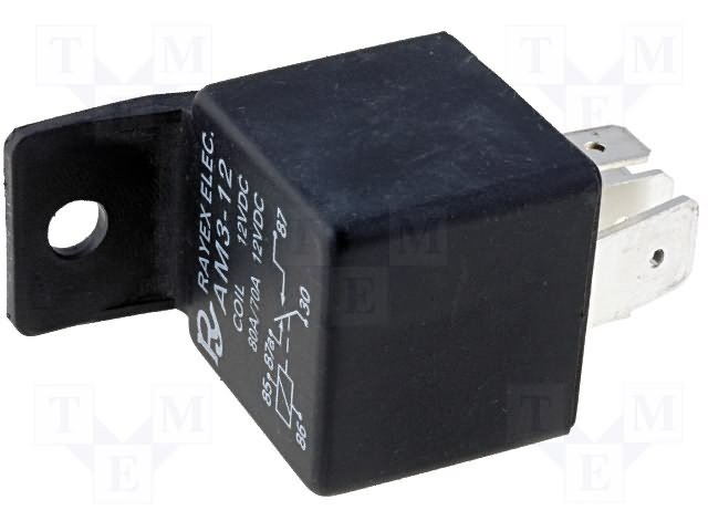 Relejs DC12V, SPDT, 60A/14VDC, 72R(167mA), viens kontakts uz pārslēgšanu, 28x28x25mm, RAYEX ELECTRONICS