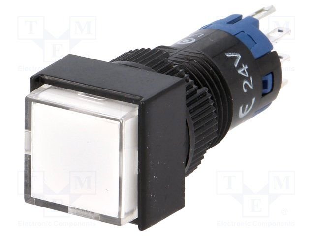 Poga SPDT, ON-(ON), 0.5A/250VAC, 1A/24VDC, LED24VAC/DC, IP40, baltā krasa, lodejama, 14x14x37mm, bez fiksacijas