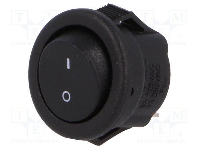 Taustiņslēdzis SPST, OFF-ON, 3A/250VAC, D=16.5mm, (I-O), melna krasa, apaļa, ar fiksāciju
