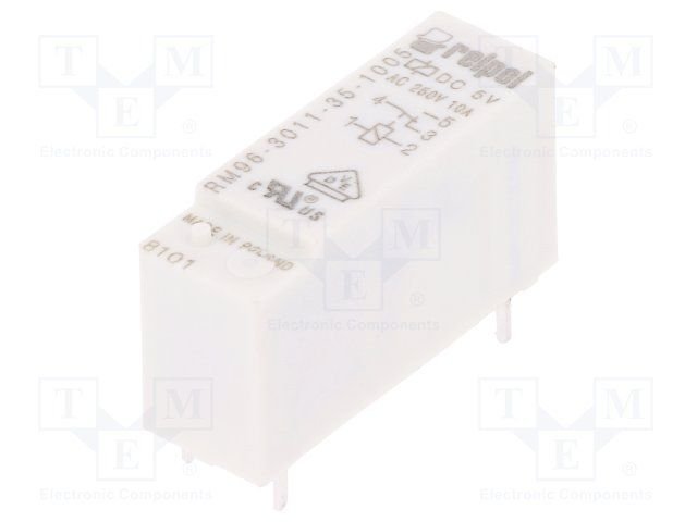 Relejs DC5V, SPDT, 8A/250VAC, 8A/24VDC, 110R(45mA), viens kontakts uz pārslēgšanu, 28x10x16.2mm, RELPOL