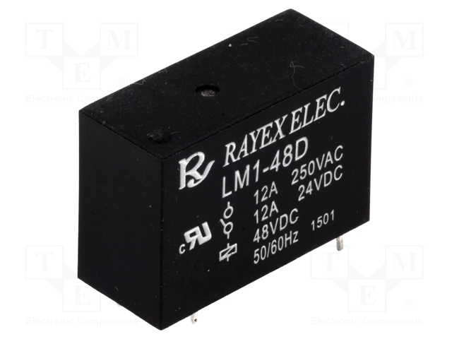 Relejs DC48V, SPDT, 12A/250VAC, 12A/30VDC, 4.4kΩ(10mA), viens kontakts uz pārslēgšanu,29x20.5x12.5mm, RAYEX ELECTRONICS