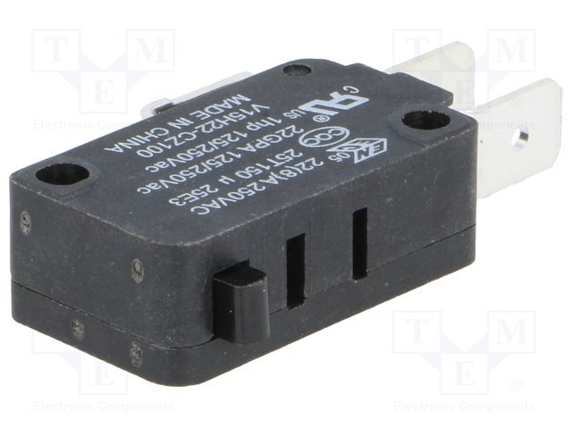 Mikropārslēdzējs bez sviras, SPDT, ON-(ON), 22A/250VAC, IP40, 27.8x10.3x15.9mm, viens kontakts