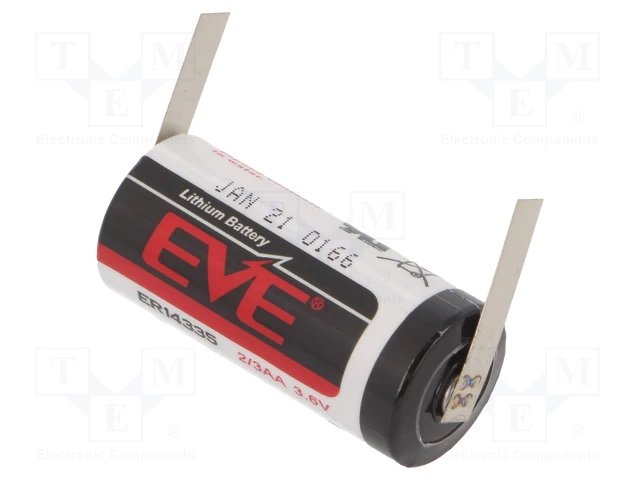 Litija baterija ar plakaniem izvadiem, lodēšanai, 3.6V, 2/3AA, 14335, Ø14.5x33.5mm, 1650mah, 11.85gr.