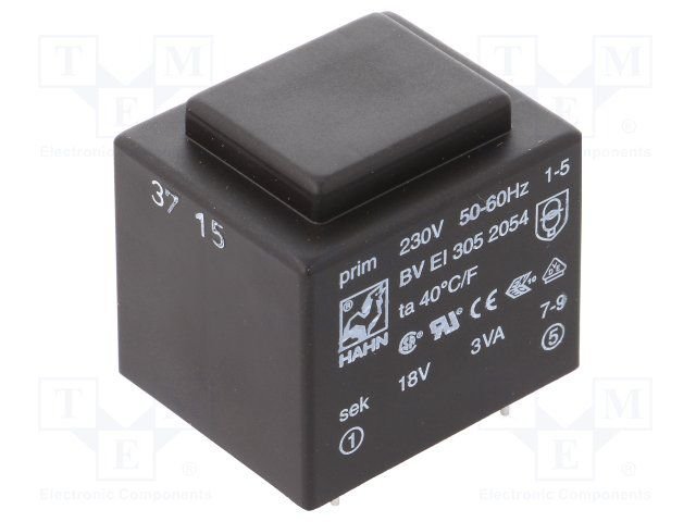 Transformators 220V=>18V, 167mA, 3VA, 32.5x27.5x29.8mm