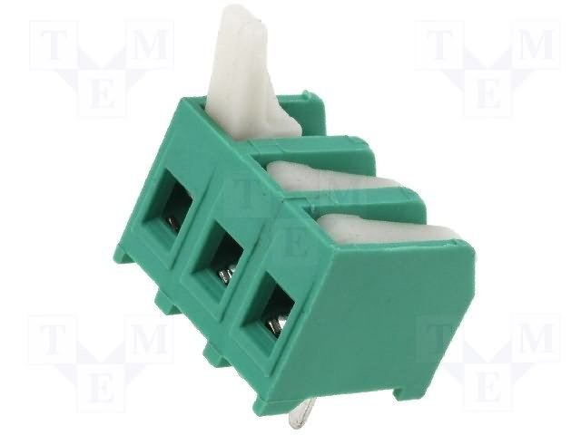 Terminal Blocks PCB, ar svīru fiksāciju, 3pin, 5mm, 0.5mm2, 250V/10A, 15x13x11.5mm