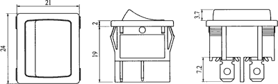 Taustiņslēdzis DP3T, ON-OFF-ON, 6A/250VAC, 21x24x25mm, (--O=), melnā krasa, ar fiksāciju