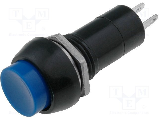 Poga SPST-NO, OFF-(ON), 1A/250VAC, Ø12mm, Ø17.2x35.2mm, zila krasa, bez fiksacijas