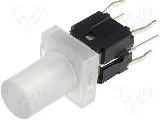 Poga SPST-NO, OFF-(ON), 0.05A/12VDC, PCB, LED3.3VDC, zils, 7.5x7.5mm, bez fiksacijas