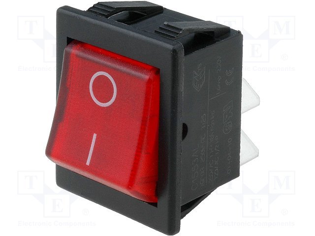 Taustiņslēdzis  DPST, ON-OFF, 16A/250VAC, 20A/28VDC, 25x32mm, apgaism. neona lamp. sarkanā, melnā krasa, ar fiksāciju, BULGIN