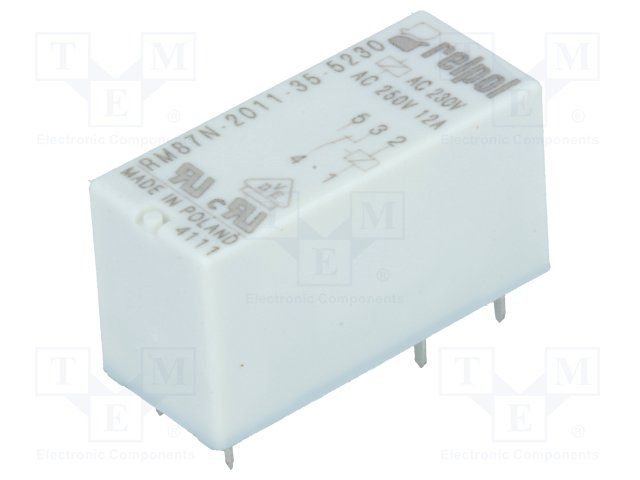 Relejs 230V/AC, SPDT, 12A/250VAC, 12A/24VDC, 38.5kΩ(6mA), IP67, viens kontakts uz pārslēgšanu, 28.5x12.7x15.7mm, RELPOL