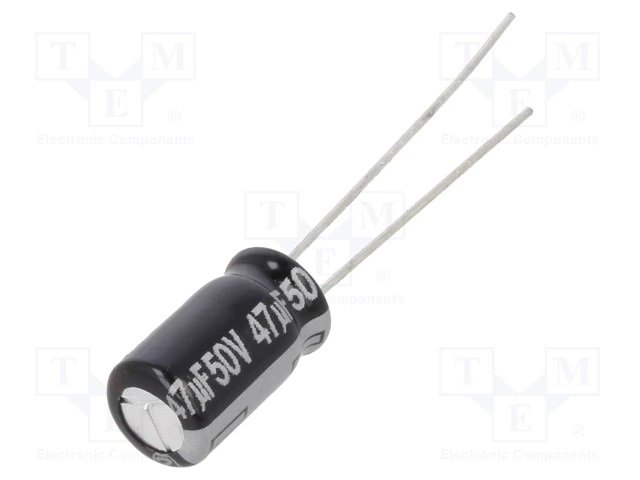 47/50V, 105C, Ø6.3x11mm, ±20%, Kondensators elektrolītisks, 1000h, PANASONIC, ar lokaniem izvadiem