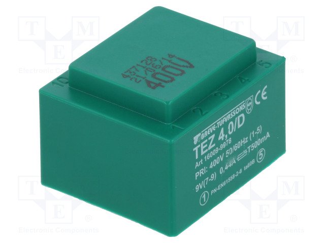 Transformators 400V=>9V, 444mA, 4VA, 35x42x29mm