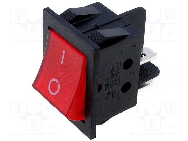 Taustiņslēdzis DPST, ON-OFF, 15A/250VAC, 26x34mm, apgaism. neona lamp., (--O), sarkanā krasa, ar fiksāciju