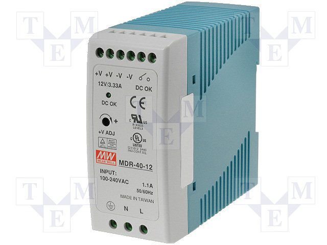 Barošanas avots, 12V, 3.33A, 20W, 85÷264VAC, DIN sliedei, Mean Well