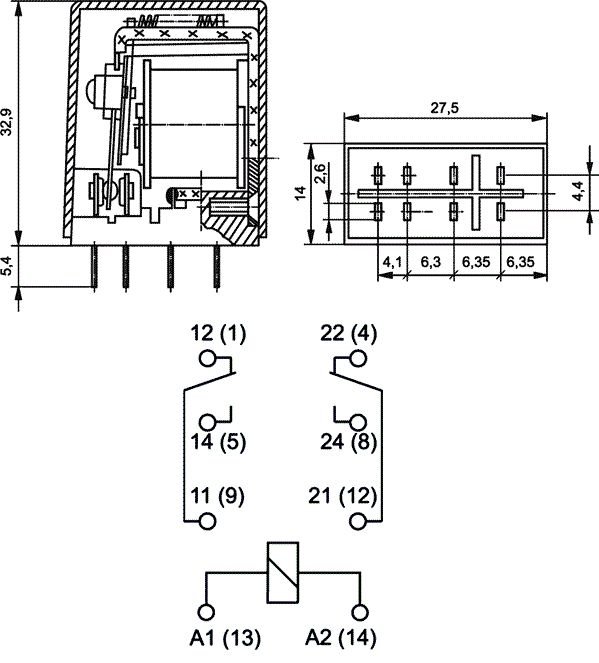 Relejs DC24V, DPDT, 2x5A/250VAC, 2x5A/24VDC, 750R(32mA), divi kontakti uz pārslēgšanu, 27.5x14x33mm, RELPOL