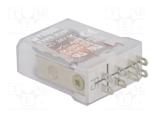 Relejs DC24V, DPDT, 2x5A/250VAC, 2x5A/24VDC, 750R(32mA), divi kontakti uz pārslēgšanu, 27.5x14x33mm, RELPOL
