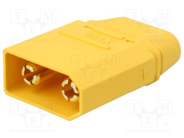 2Pin, XT90, "papa", 500V, 40A, 10AWG, lodejama vadam, dzeltens korpuss