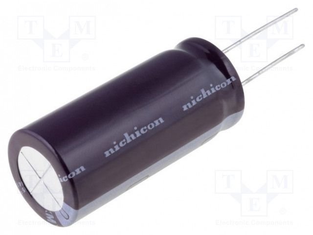 330/35V, 105C, Ø10x16mm, ±20%, Kondensatori zemas induktivitātes, 5000h, NICHICON, ar lokaniem ivadiem