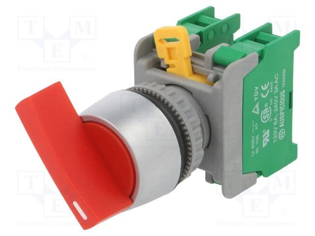 Paneļu slēdzejs, 22mm, 2 poz., OFF-(ON), IP65, 3A/230VAC, sarkans, divi kontaktu uz saslēgšanu, bēz fiksācijas