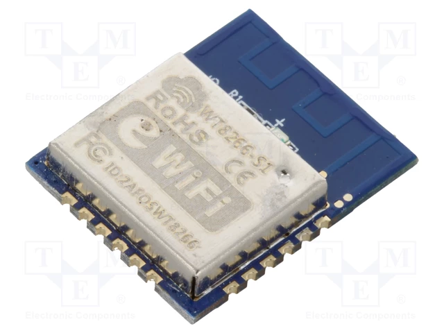 Modulis: WiFi, 3.3VDC, GPIO, I2C, I2S, PWM, SDIO, SPI, UART, ESP8266, 2.4GHz