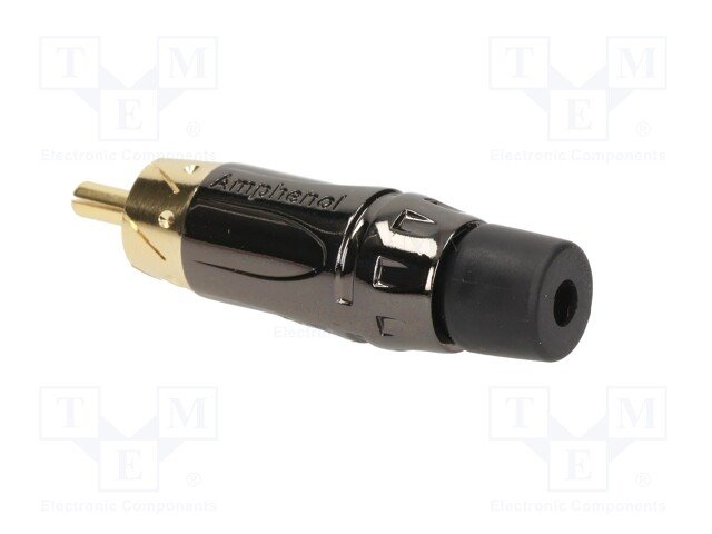 RCA štekers, taisns, GOLD, IP40, lodējams, melns/melns, max. 3...7mm, īss, AMPHENOL